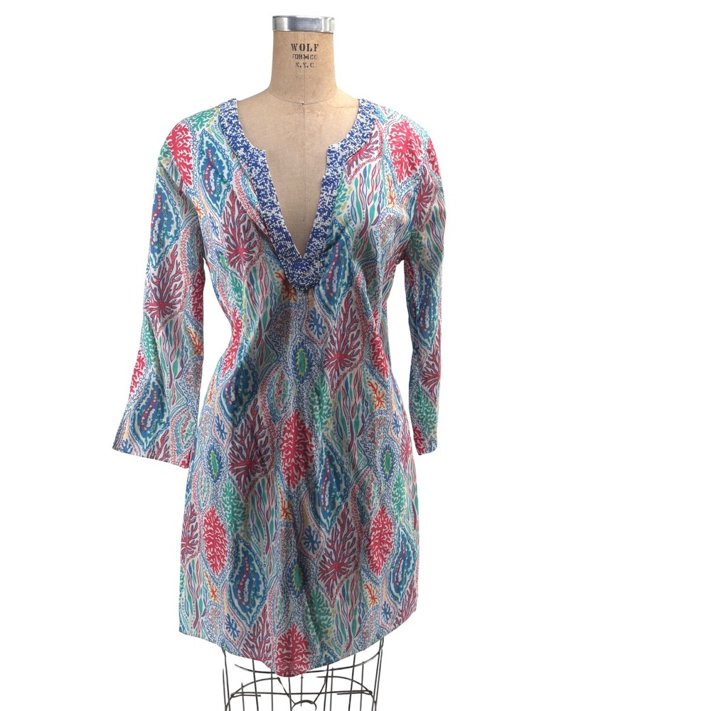 Lilly Pulitzer Beaded Split Neck Coral Reef Tunic‎ Dress Multicolor Size L